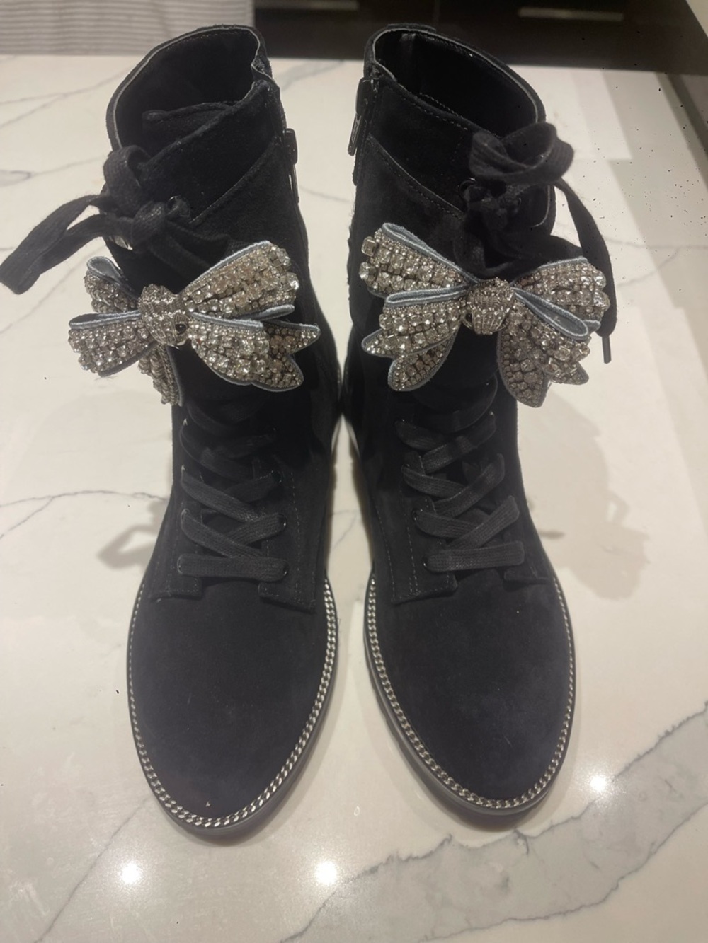 Kurt Geiger Black Suede Lace-Up Ankle Boots with Crystal Bow Embellishments NEW